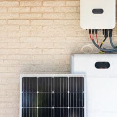 A solar panel leans against a light brick wall beneath a mounted inverter, electrical panel, and EV charging station, with cables connecting the devices, illustrating a residential solar power setup.