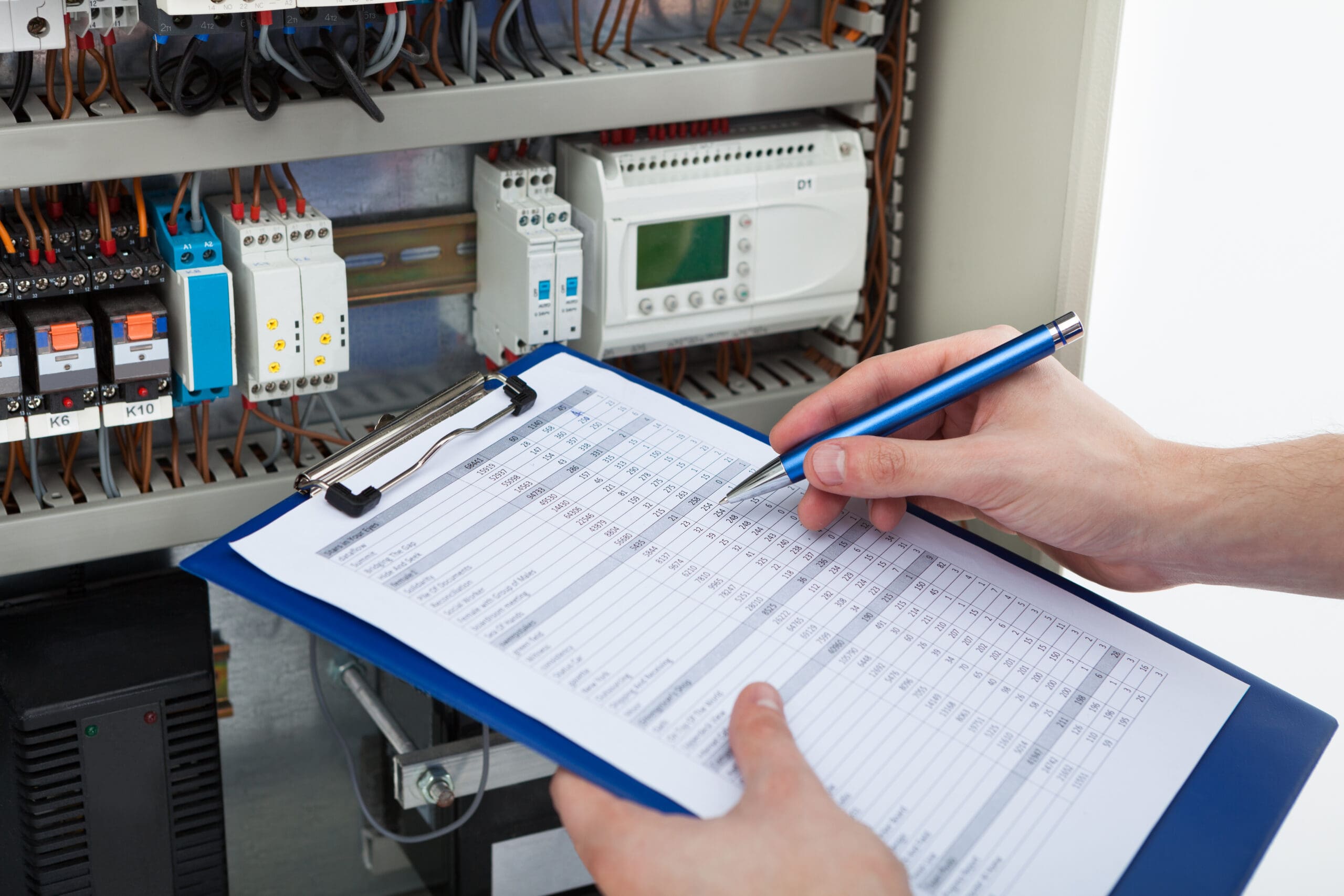 A person holding a pen and checklist stands in front of an open electrical control panel, inspecting wires and meters—ideal for tasks like rewires or issuing landlord certificates.